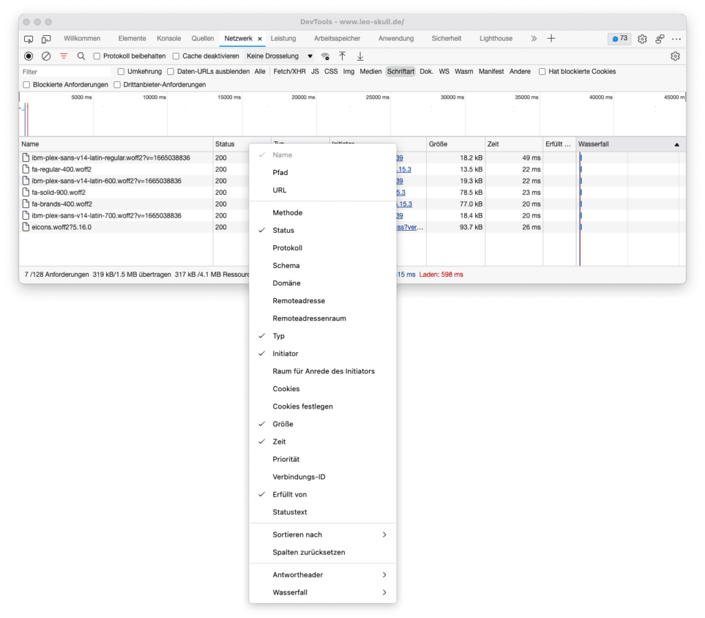 Screenshot des Kontextmenüs der Entwicklerkonsole, in dem „Domäne“ aktiviert wird.