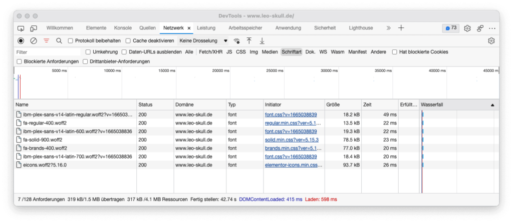 Screenshot der Entwicklerkonsole mit den von leo-skull.de geladenen Google Fonts.