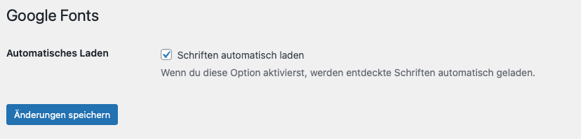 Screenshot der Einstellungen von Local Google Fonts mit aktivierter Option „Schriften automatisch laden“.