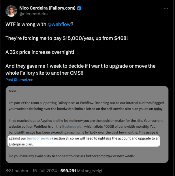 Screenshot von Twitter mit einer Beschwerde über erhöhte Webflow-Preise und Entscheidung zur CMS-Migration.