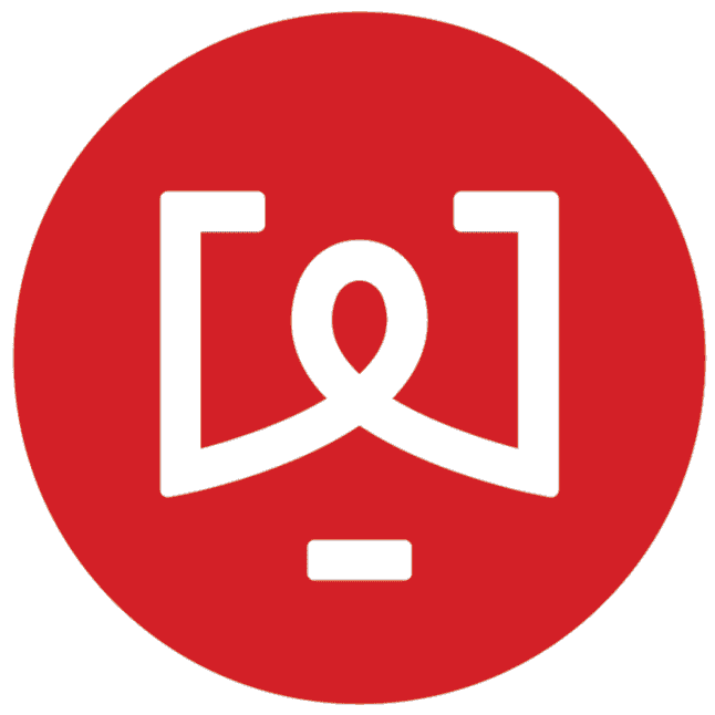 Rotes Logo mit Symbol in der Mitte.