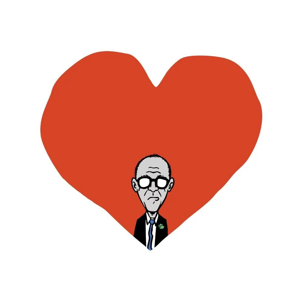 Karikatur eines Mannes vor rotem Herz.