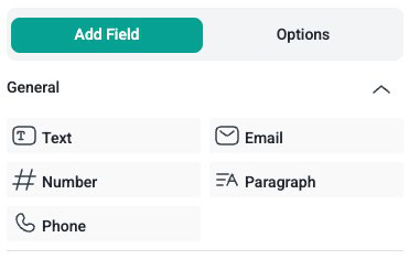 Formularfelder für Text, E-Mail, Nummer, Absatz und Telefon