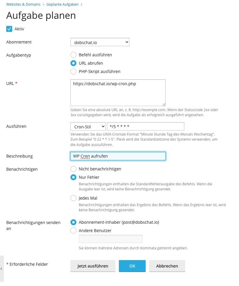 Geplante Aufgaben für Cronjob in Plesk einstellen.