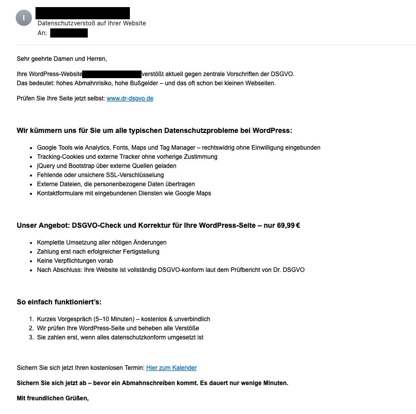 DSGVO-Verstoß-Warnung für WordPress-Webseite per E-Mail.