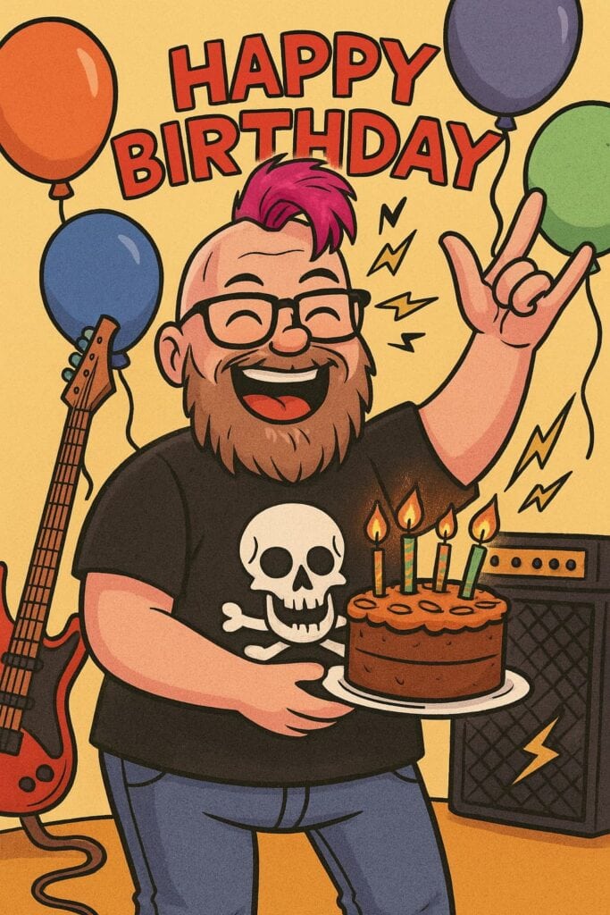 Comicfigur feiert Geburtstag mit Kuchen und Gitarre.