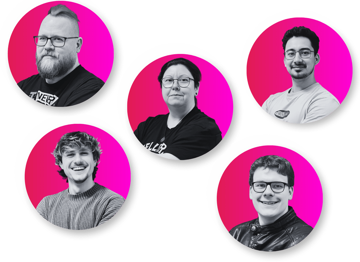 Fünf Personen in kreisförmigen, pinken Rahmen.