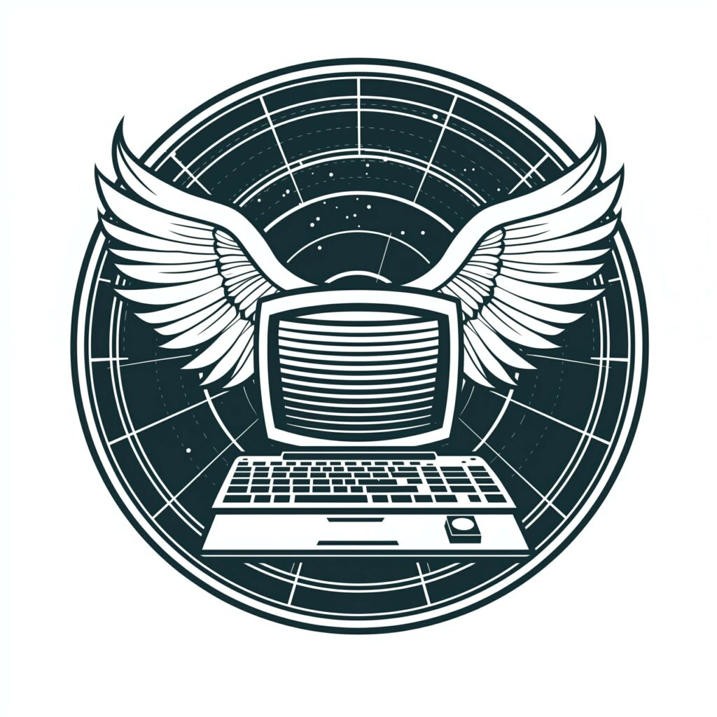 Flügel Laptop Emblem im vintage Stil.